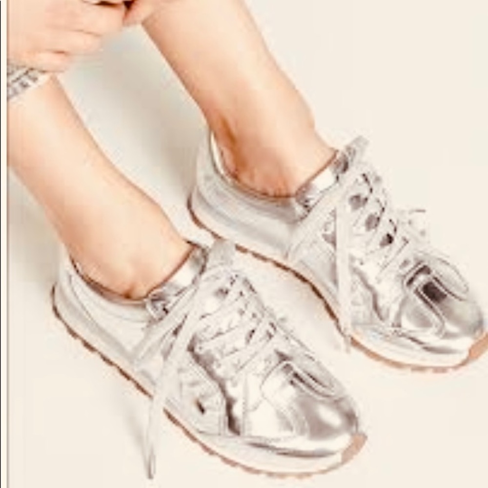 Tory Burch Metallic Silver Leather Ruffle Sneakers NEW